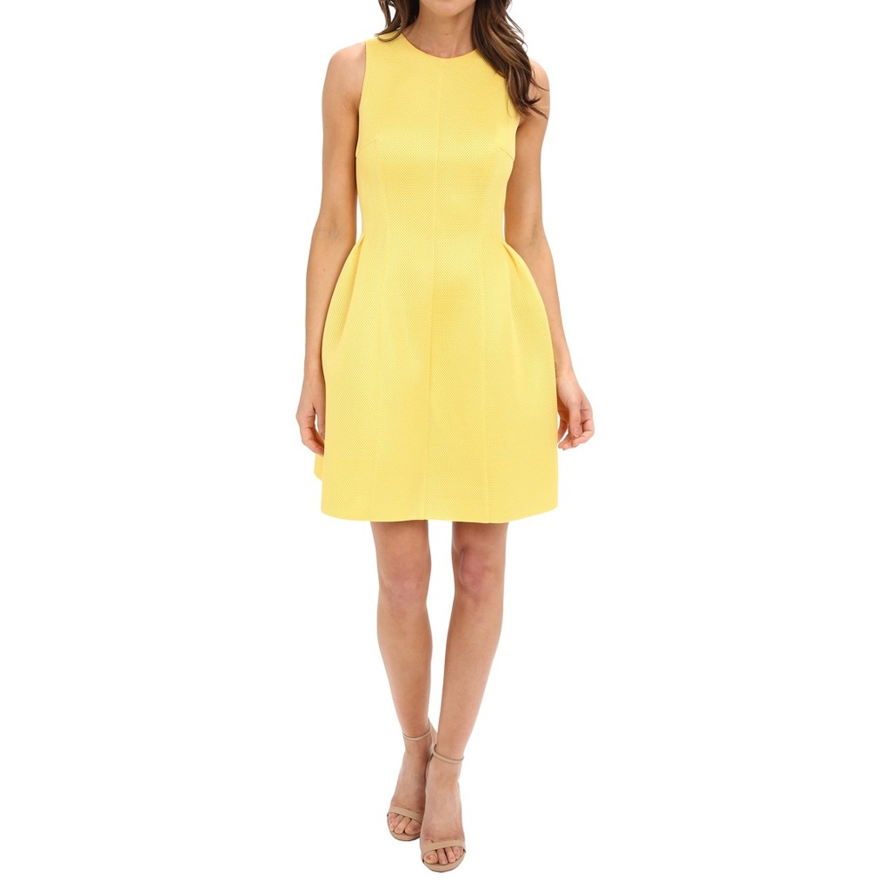 Yellow scuba fit and flare dress.